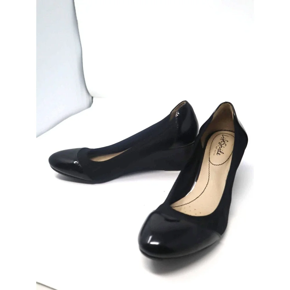 Black Wedge Pump 8.5 LifeStride Womens Juliana Patent Cap Toe Comfort Shoes